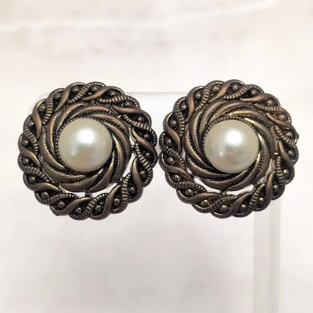 Vintage Clip On Earrings Large Chunky Statement Dark Bronzeish Tone Faux Pearl